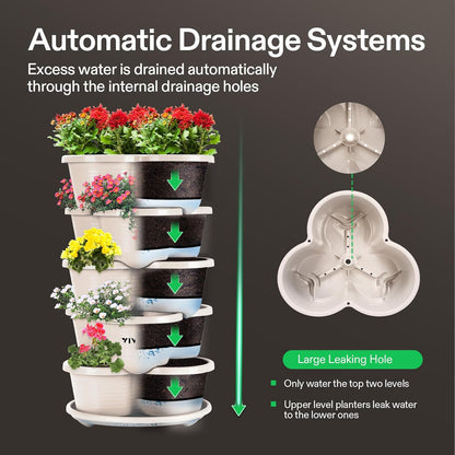2-Pack 5 Tier Vertical Gardening Stackable Planter for Strawberries, Flowers, Herbs, Vegetables, Ivory