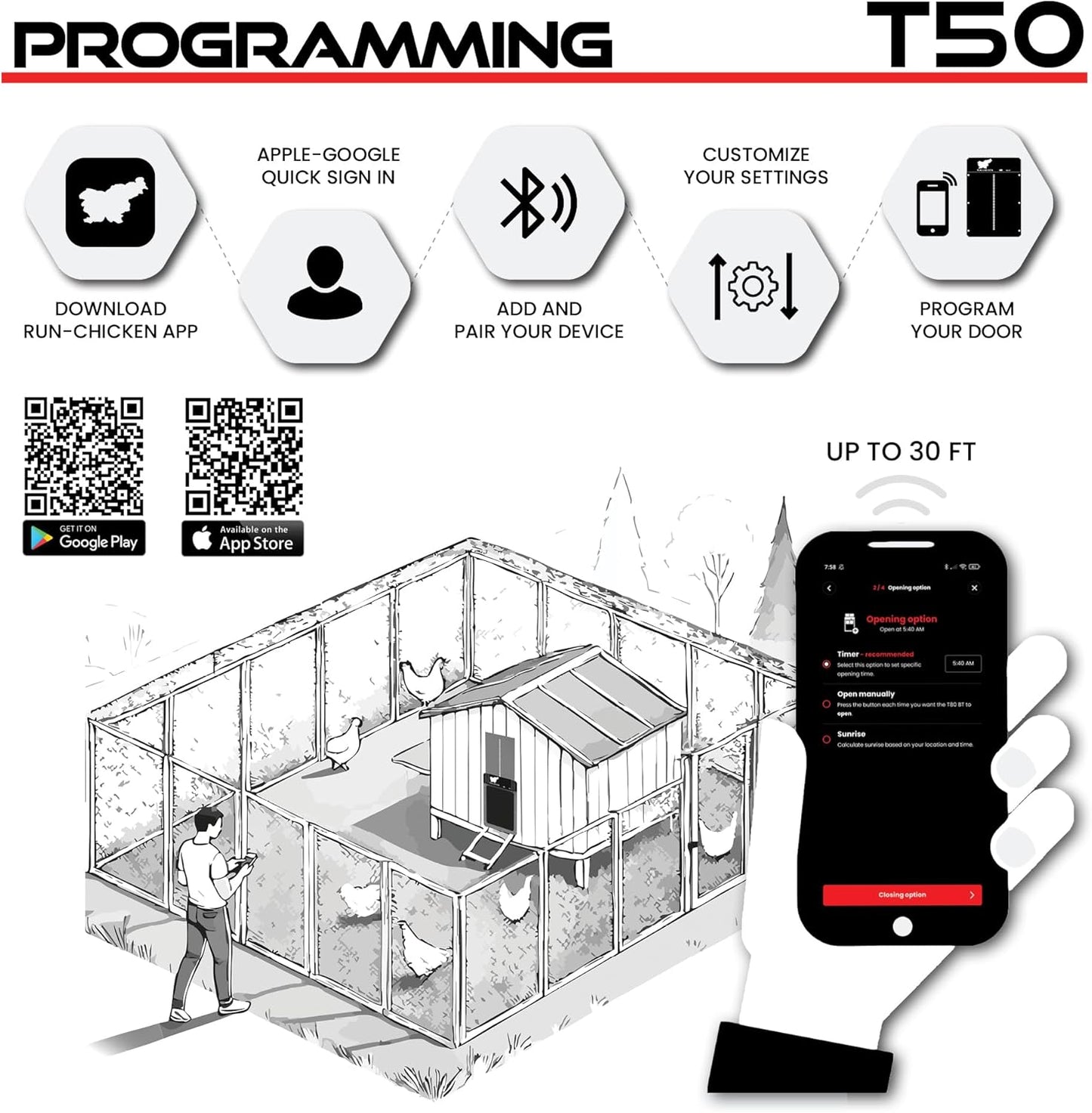 Door Automatic Chicken Coop Door Opener with Timer, Programmable Light Sensor, Battery Powered, Evening and Morning Delay, Aluminum , Model T50, (Gray)