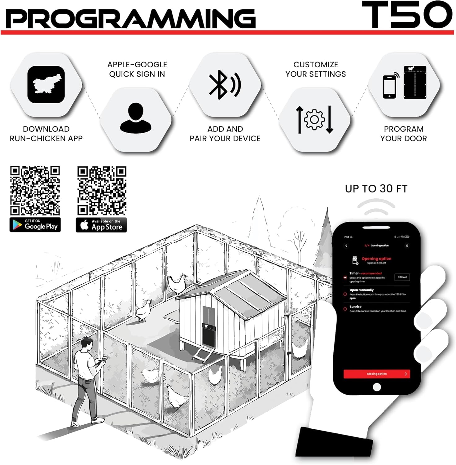 Door Automatic Chicken Coop Door Opener with Timer, Programmable Light Sensor, Battery Powered, Evening and Morning Delay, Aluminum , Model T50, (Gray)