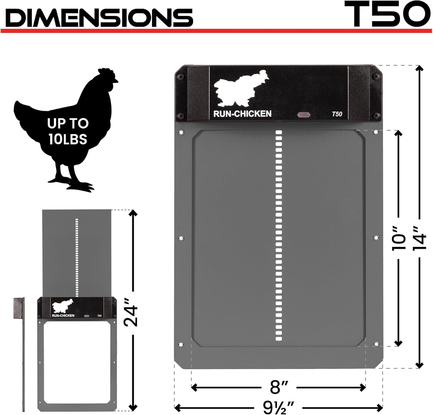 Door Automatic Chicken Coop Door Opener with Timer, Programmable Light Sensor, Battery Powered, Evening and Morning Delay, Aluminum , Model T50, (Gray)