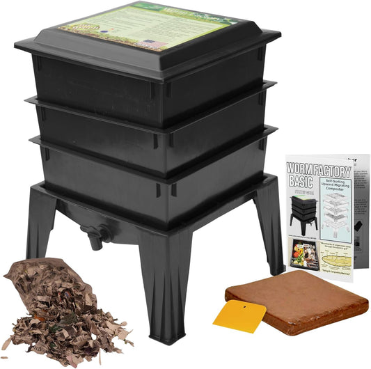 ® Basic 3 Tray Black Worm Composter – US Made, Fully Assembled System for Home Food Waste Recycling – Includes Accessories for Odor-Free Vermicomposting – Durable, Space-Efficient Design.