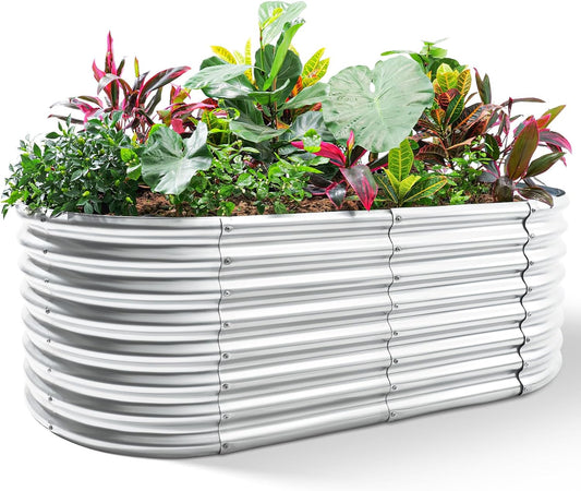 24“ Tall Galvanized Raised Garden Bed Kit, Galvanized Planter Garden Boxes Outdoor, Oval Large Metal Raised Garden Bed for Vegetables (Classic Silver, 4×2×2ft)
