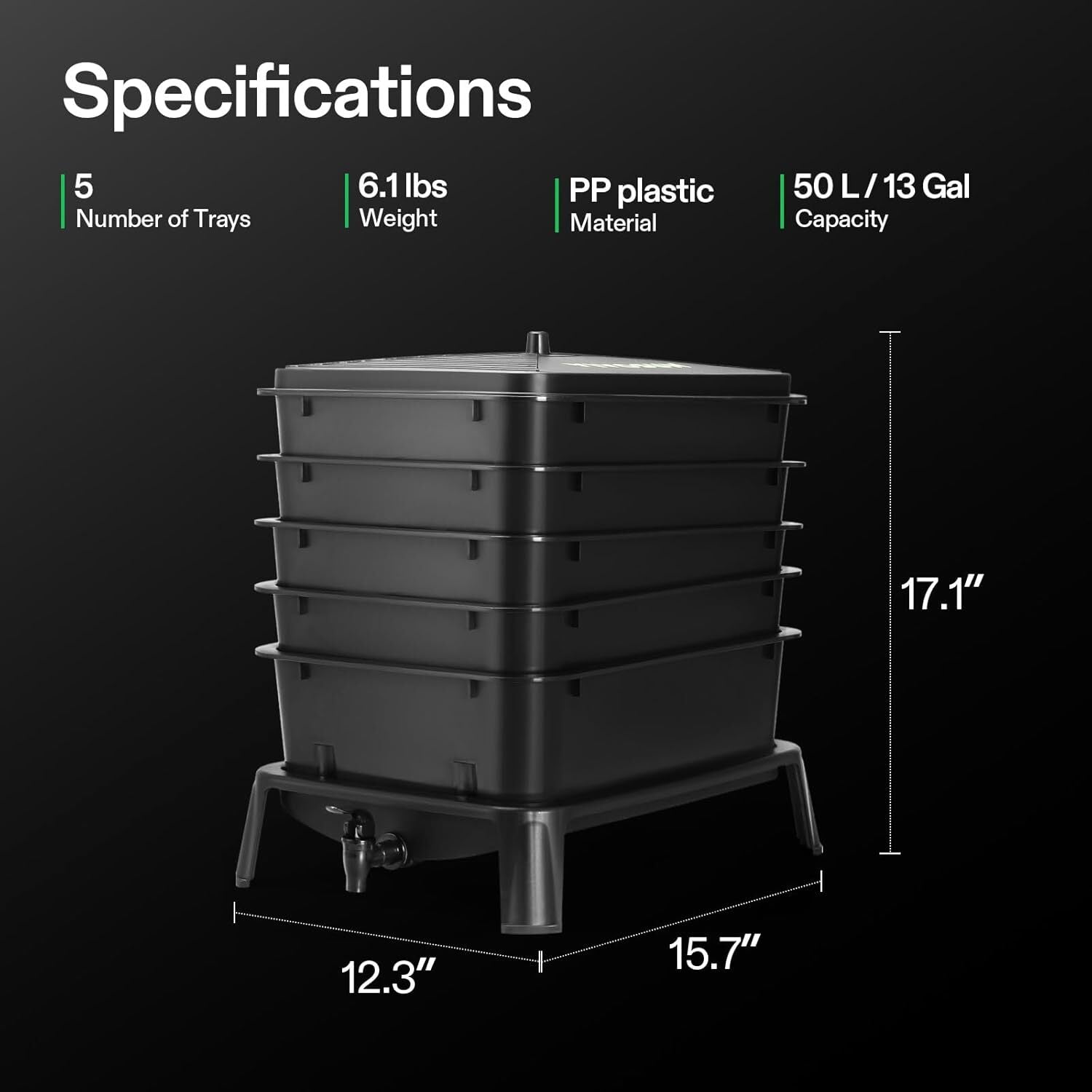 VIVOSUN 5-Tray Worm Composter 13gal/50 L Worm Compost Bin w/ Worm Farm Kit