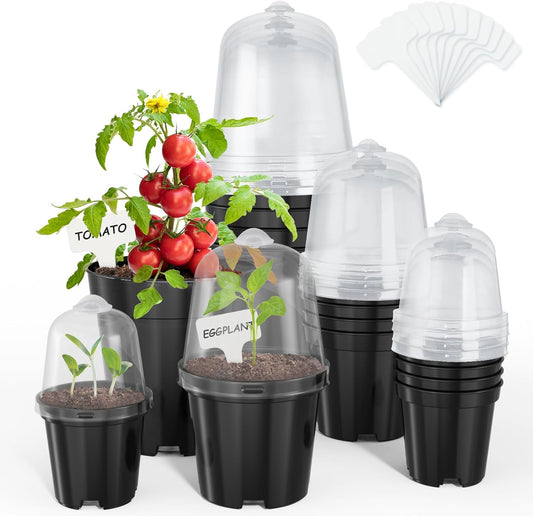 Nursery Pots for Plants,3/4/5 Inch Plant Pot for Planting with Humidity Domes Plastic Seedling with Drainage Holes Seed Starter Flower with 10 Labels Black (15 Pack)