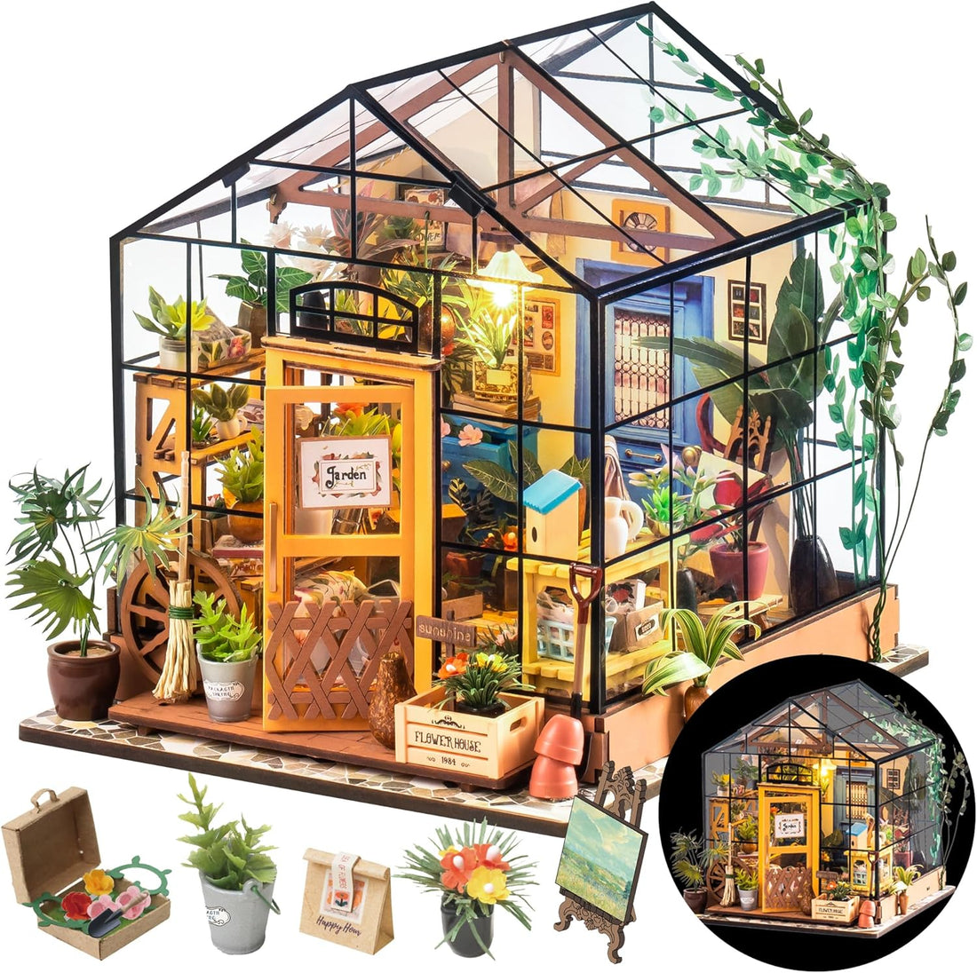 DIY Miniature House Kit Greenhouse, Tiny House Kit for Adults to Build, Mini House Making Kit with Furniture, Halloween/Christmas Decorations/Gifts for Family and Friends (Cathy's Greenhouse)