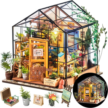 DIY Miniature House Kit Greenhouse, Tiny House Kit for Adults to Build, Mini House Making Kit with Furniture, Halloween/Christmas Decorations/Gifts for Family and Friends (Cathy's Greenhouse)