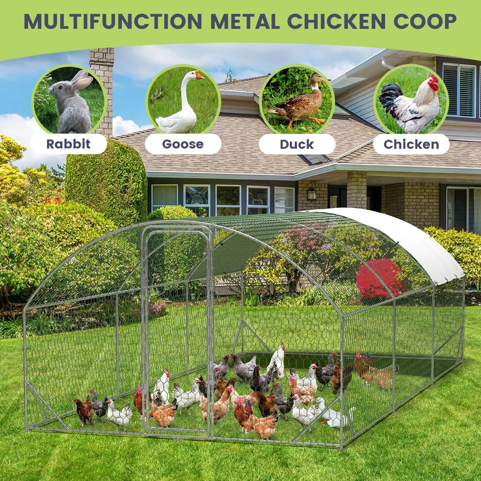 20 x10 ft Walk-in Metal Chicken Coop Poultry Cage Pet House w/ Chicken Run Cover