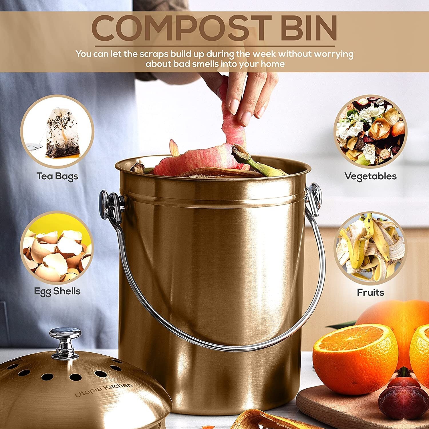 Compost Bin with Lid and 1.3 Gallon Compose Spare Charcoal Filter Utopia Kitchen
