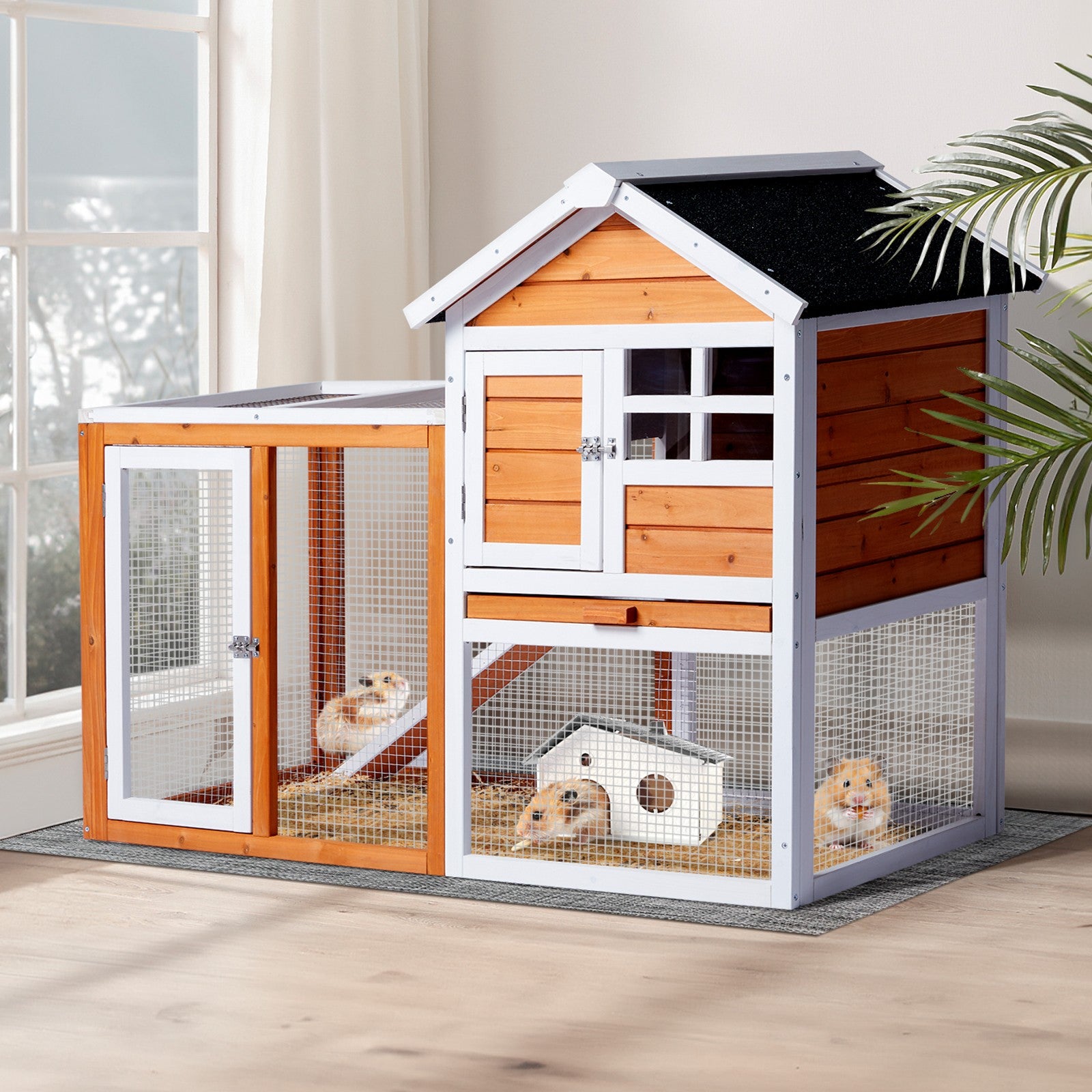 47" Wooden Rabbit Hutch Outdoor Chicken Coop Indoor Bunny Cage Pet House w/ Run