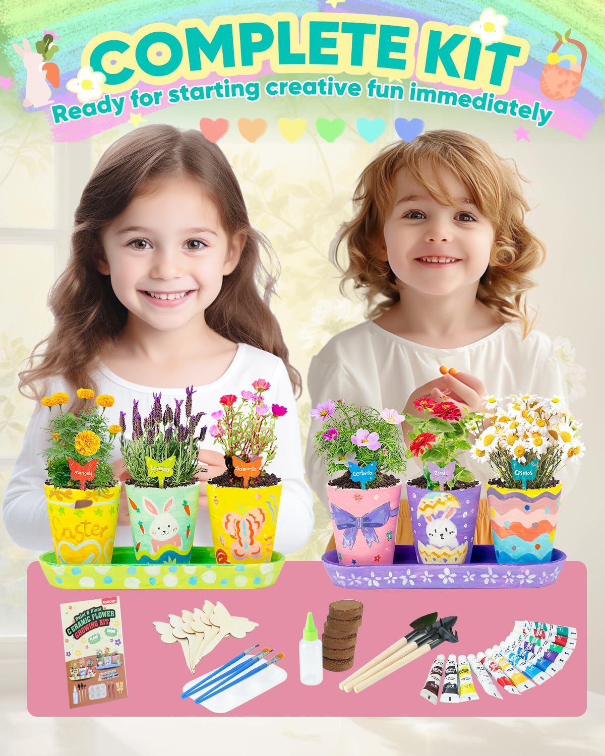 Kids Gardening Set Paint and Plant Stoneware Flower Growing Kit with 6 Pots and Gardening Tools Arts and Crafts for Kids Ages 8-12 Best Easter Gifts for Girls Boys Ages 5 6 7 8 9 10