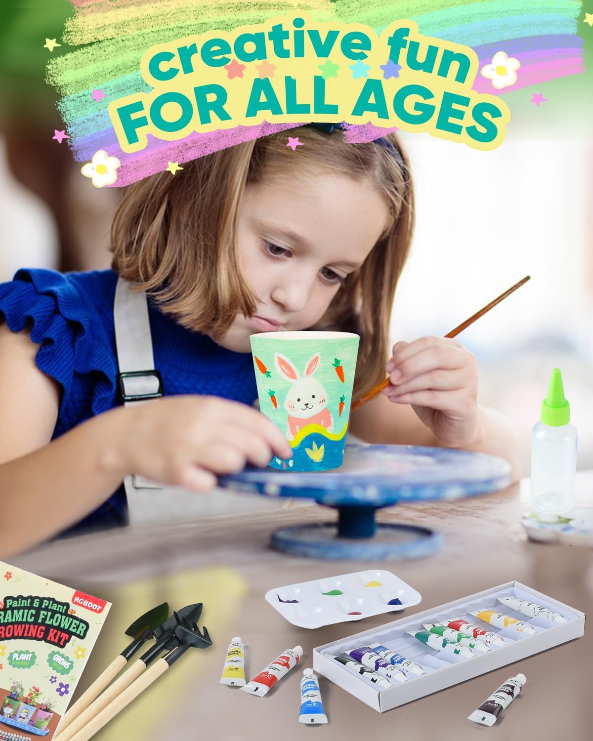 Kids Gardening Set Paint and Plant Stoneware Flower Growing Kit with 6 Pots and Gardening Tools Arts and Crafts for Kids Ages 8-12 Best Easter Gifts for Girls Boys Ages 5 6 7 8 9 10