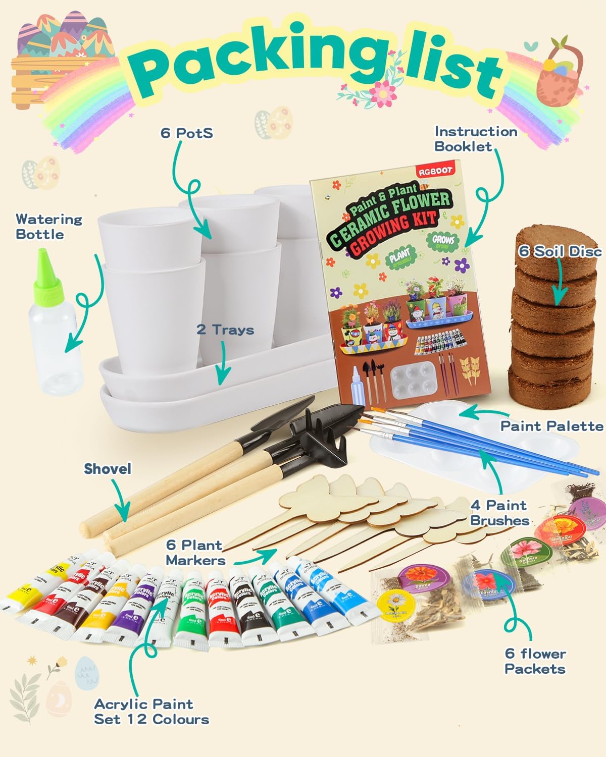 Kids Gardening Set Paint and Plant Stoneware Flower Growing Kit with 6 Pots and Gardening Tools Arts and Crafts for Kids Ages 8-12 Best Easter Gifts for Girls Boys Ages 5 6 7 8 9 10