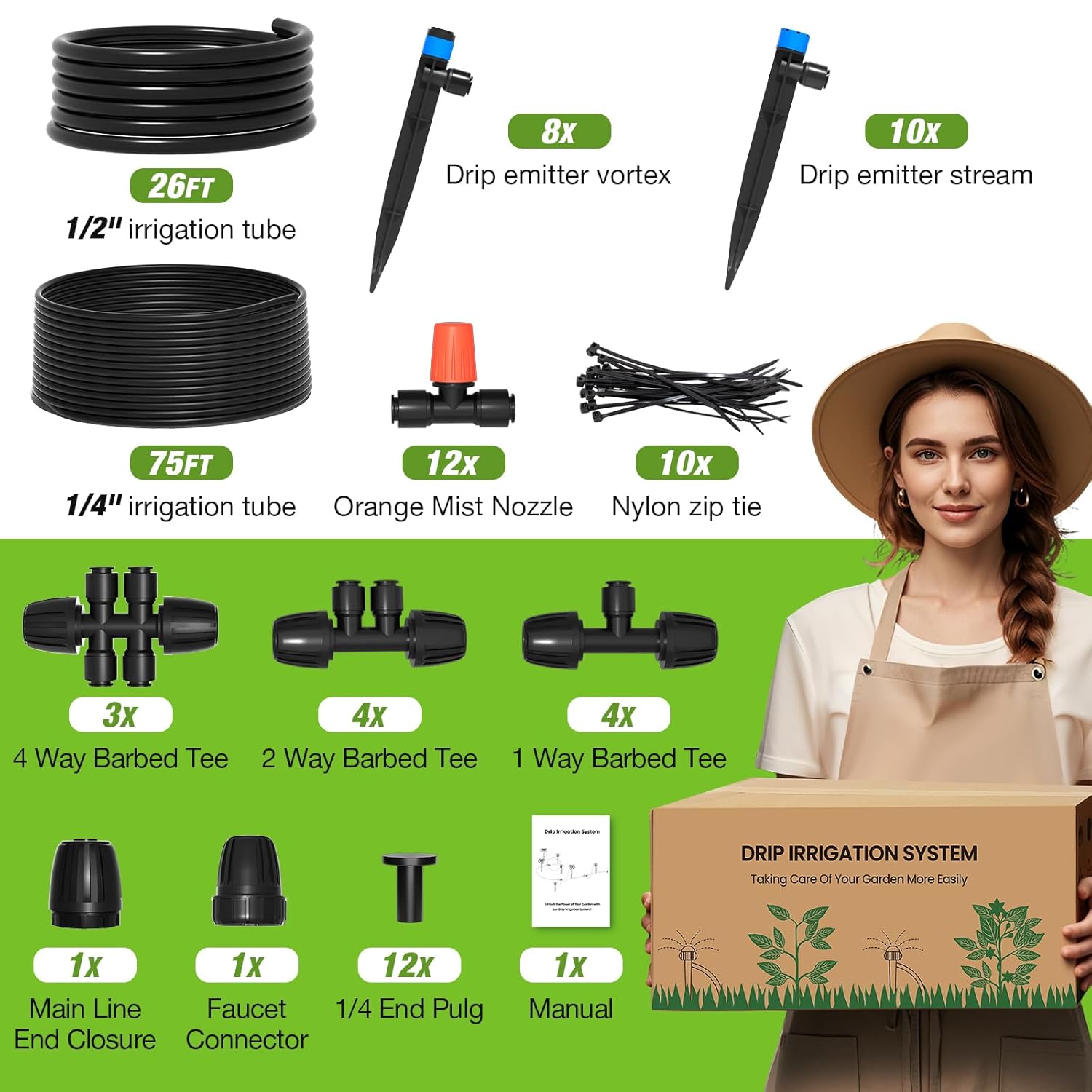 Greenhouse Micro Drip Irrigation Kit Automatic Irrigation System Patio Misting Plant Watering System with 1/4 Inch 1/2 Inch Irrigation Tubing Hose Adjustable Nozzle Emitters Barbed Fittings