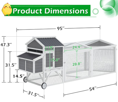 95" Chicken Coop Hen House Wooden Chicken Hutch Poultry Cage W/ Run Nesting Box