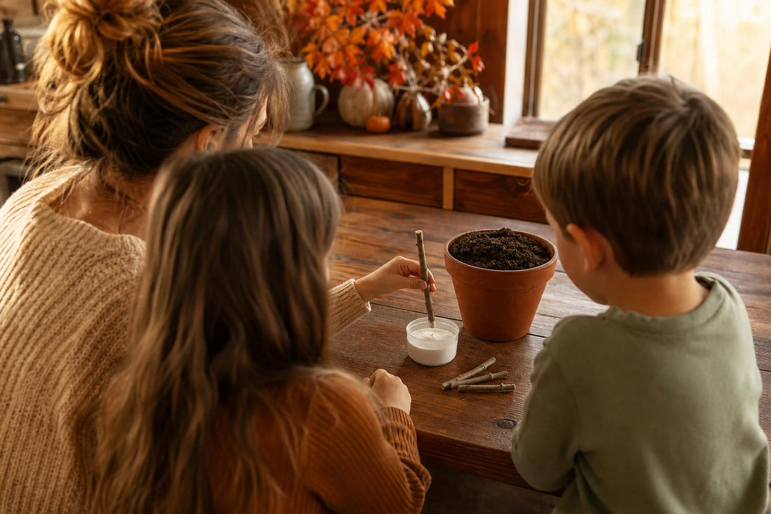 A parent and two children at a farmhouse kitchen table dipping a bare, leafless persimmon tree cutting into rooting powder