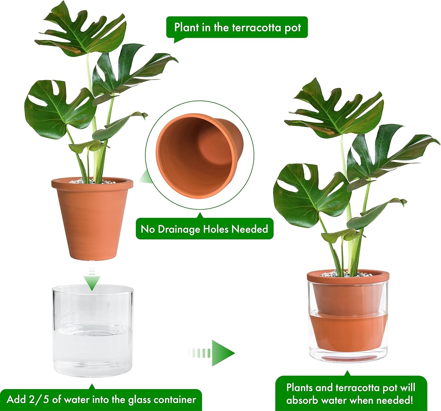 6 Inch Design Self Watering Pot for Indoor Plants, Terracotta Planter with Cylinder Glass Cup, Set of 2, 37-Y-B-1