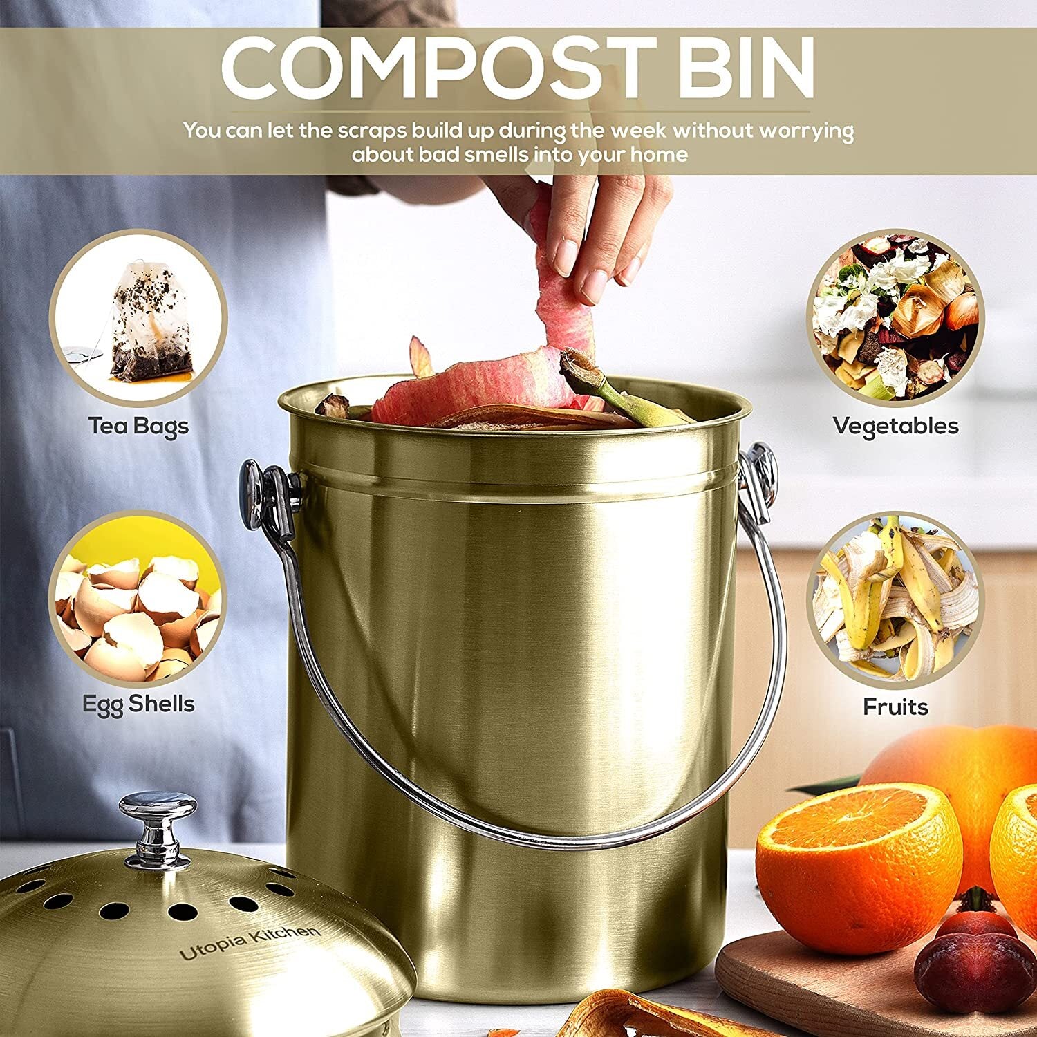 Compost Bin with Lid and 1.3 Gallon Compose Spare Charcoal Filter Utopia Kitchen