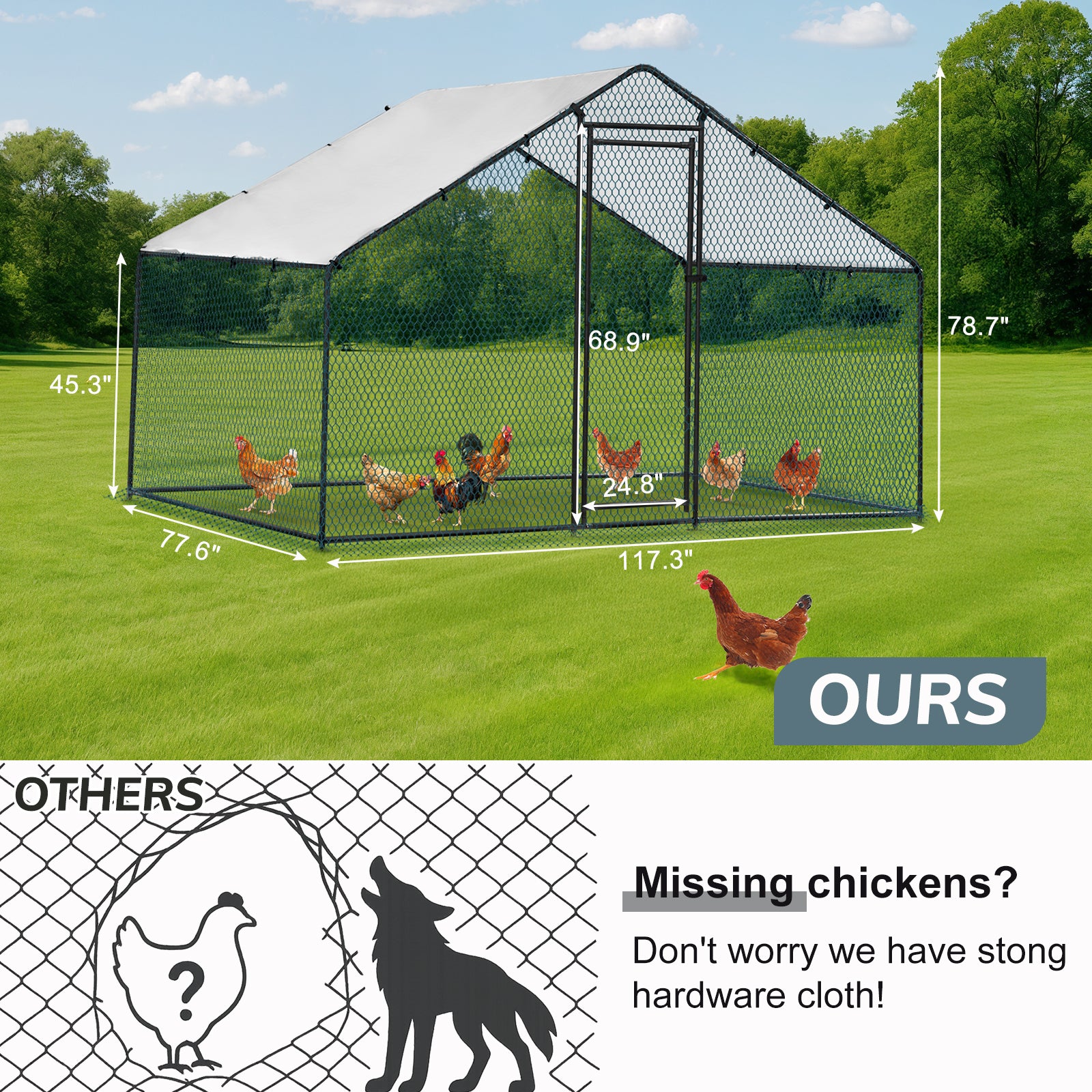 Metal Chicken Coop 6.5/10/13/20 FT Large Walk-in Hen Cage House with Cover Roof