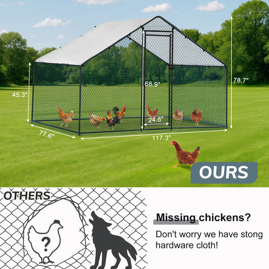 Metal Chicken Coop 6.5/10/13/20 FT Large Walk-in Hen Cage House with Cover Roof