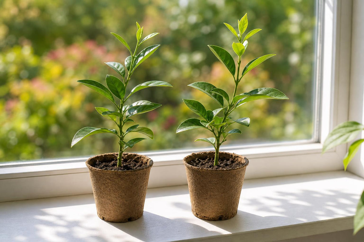 Two potted orange tree cuttings on a sunny windowsill