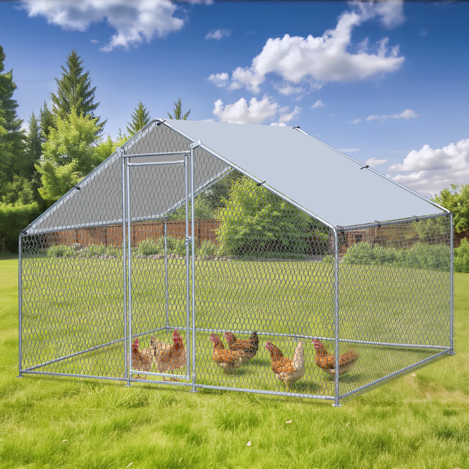 10x6FT Metal Chicken Coop Walk-in Poultry Cage Chicken Runs with Roof Cover Yard