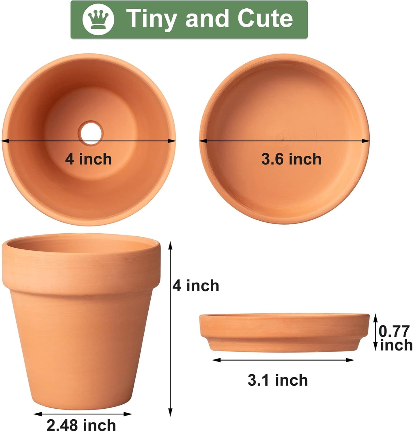 4 Inch Terracotta Pot with Saucer - 6 Pack Small Clay Plant Pots with Drainage Holes, Flower Pots with Tray, Terra Cotta Pots for Indoor Outdoor Plants, Crafts, Wedding Favor