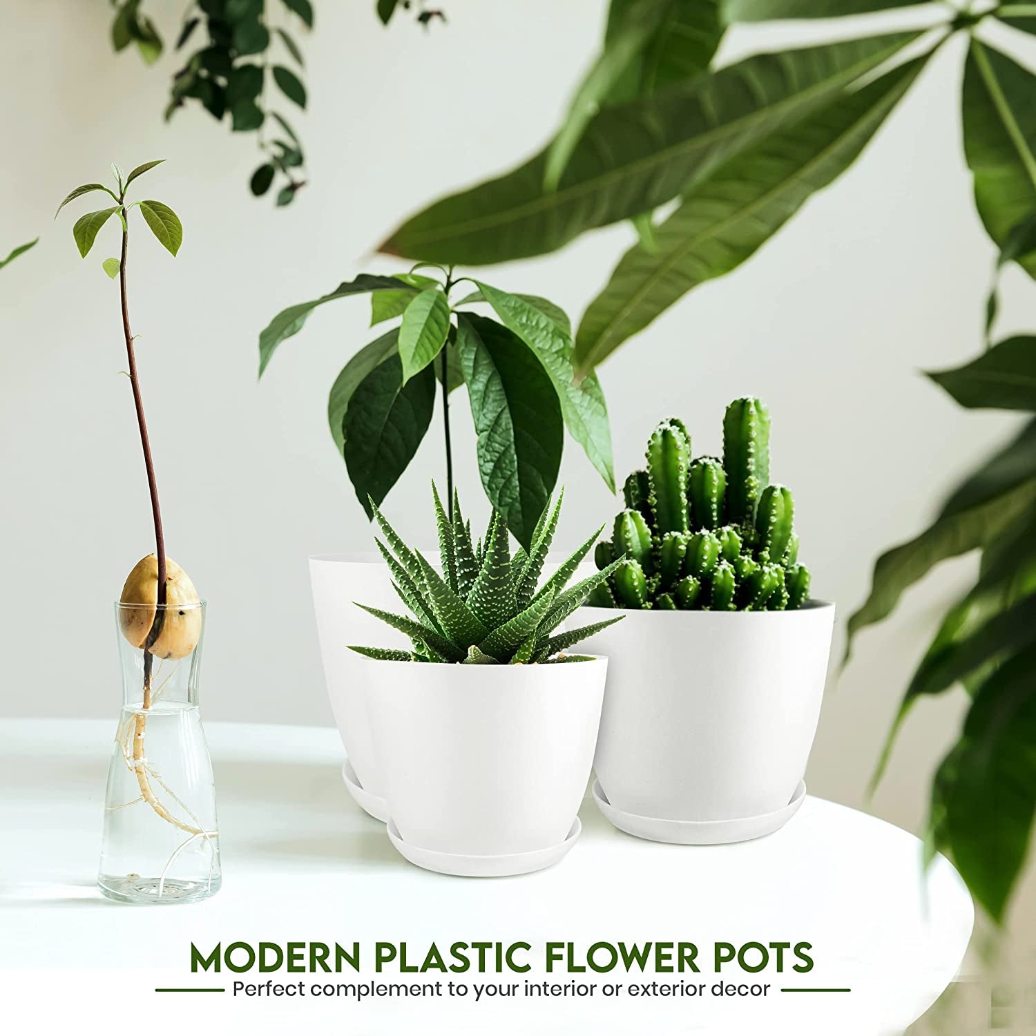 - Plant Pots Indoor with Drainage - 7/6.6/6/5.3/4.8 Inches Garden Flower Pots for Indoor Planter - 5 Pack White Plastic Planters - Ideal for Stocking Stuffers or Room, Office Home Decor