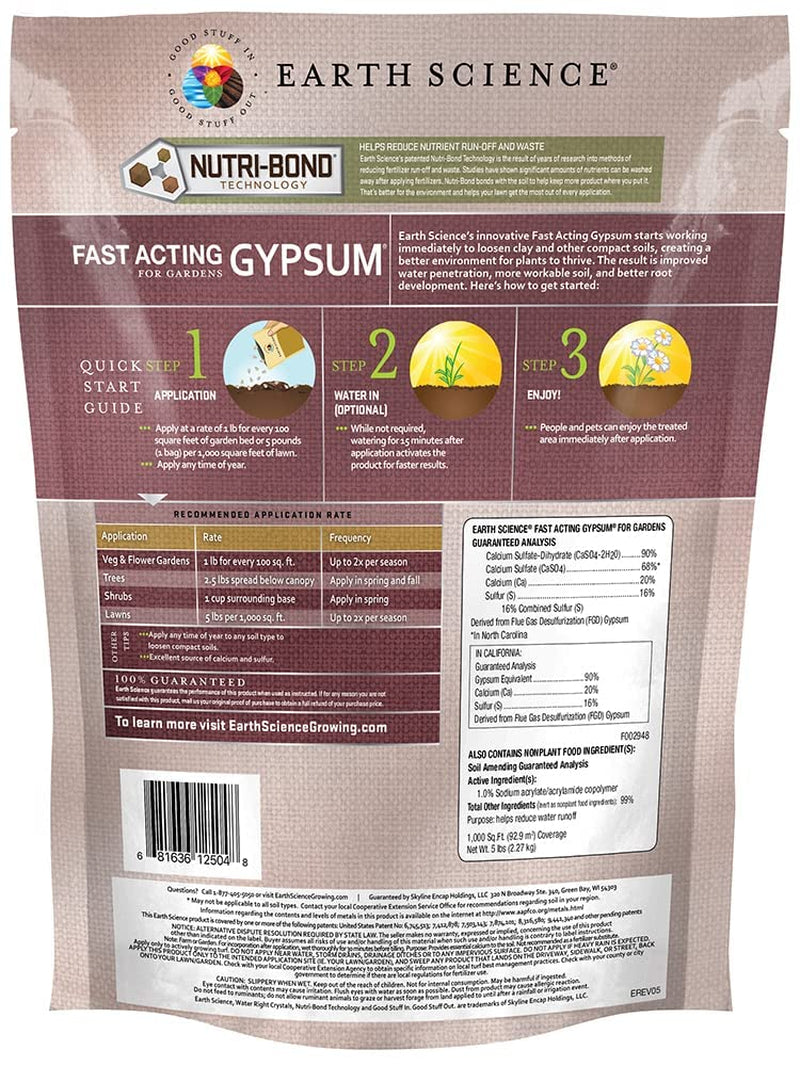 Fast Acting Gypsum—5 lb— Soil Conditioner Adds Calcium, Repairs Salt Damage & Root Growth with Nutri-Bond Runoff Reduction Technology