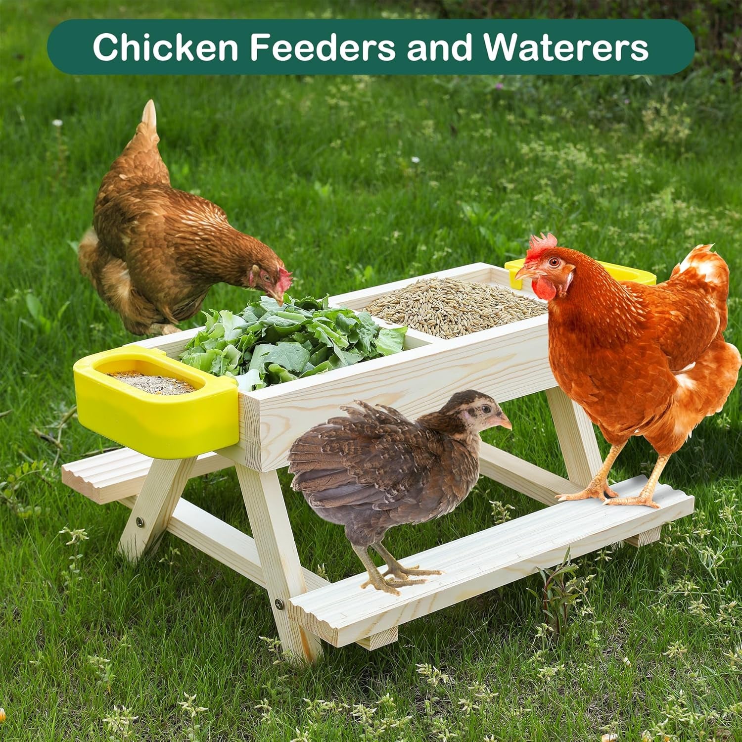 Chicken Feeders and Waterers, Chicken Feeder No Waste Kit with Picnic Table and 2 Water Feeder, Handmade Wooden Chicken Supplies & Accessories for Chicken Coop