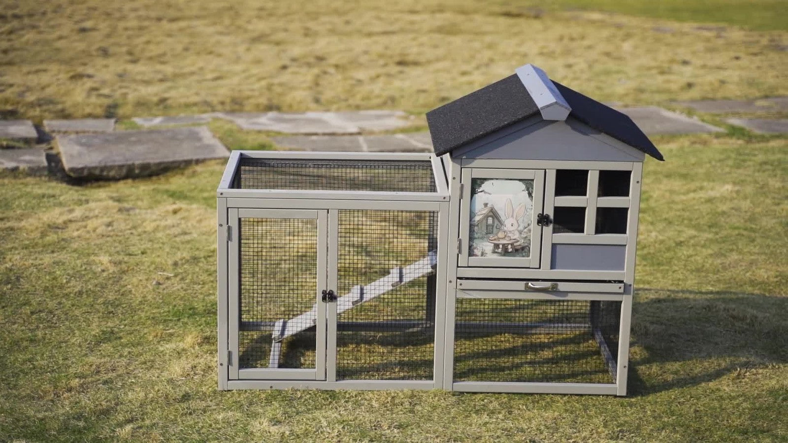 48"L Wooden Rabbit Hutch Large Chicken Coop W/ Removable Tray&Roof In/Outdoor