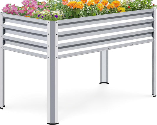 Large Raised Garden Bed with Legs Galvanized Elevated Planter Box 48×24×30 in for Backyard, Patio, Balcony, 400Lb Capacity, Silver