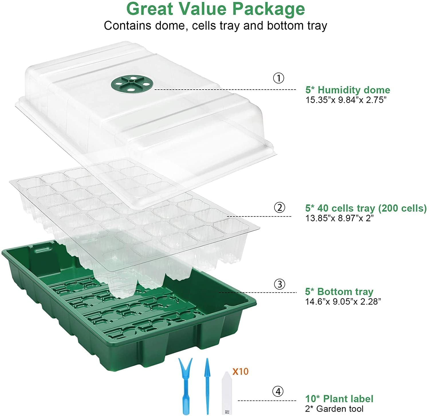 Seedling Trays Seed Starter Tray, 5-Pack Mini Propagator Plant Greenhouse Grow Kit with Humidity Vented Domes and Base for Seeds' Starting (40 Cells Per Tray, Total 200 Cells), Green