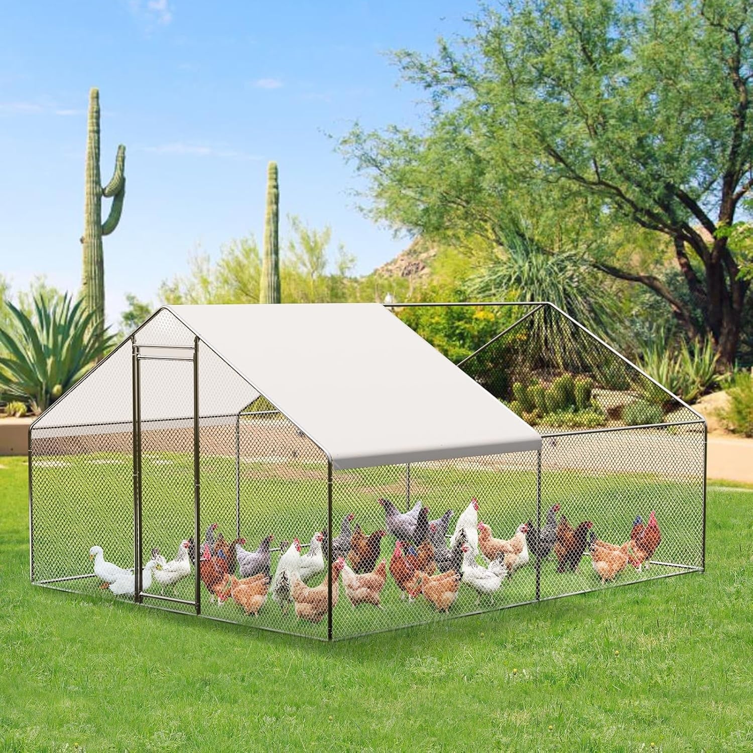 Metal Chicken Coop 6.5/13/20 FT Large Walk-in Hen Cage House with Cover Roof NEW