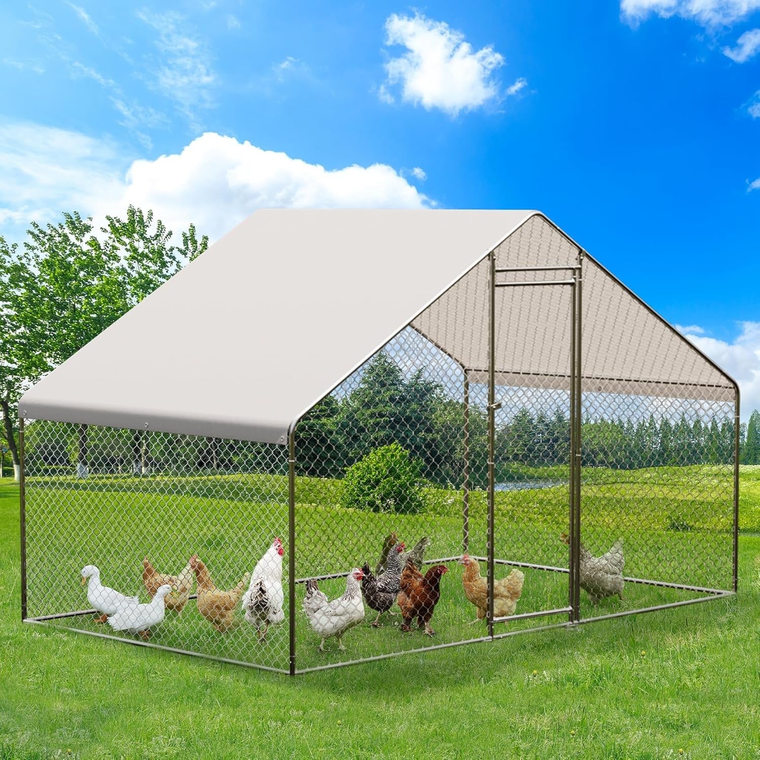 Metal Chicken Coop 6.5/13/20 FT Large Walk-in Hen Cage House with Cover Roof NEW