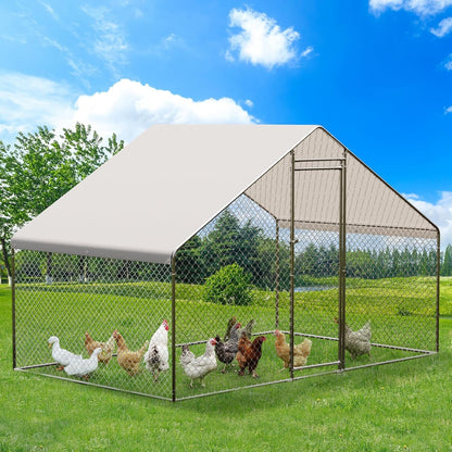 Metal Chicken Coop 6.5/13/20 FT Large Walk-in Hen Cage House with Cover Roof NEW