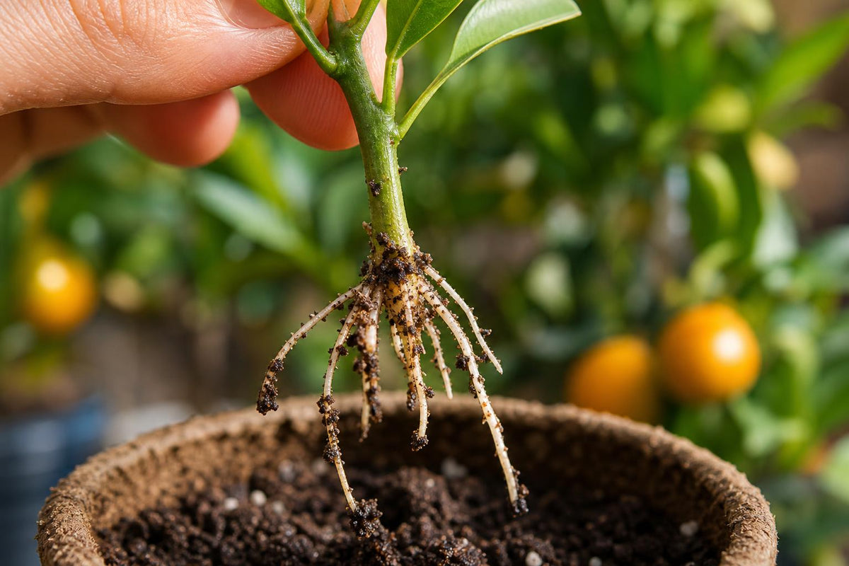 Close-up of new white roots growing from the base of an orange tree cutting