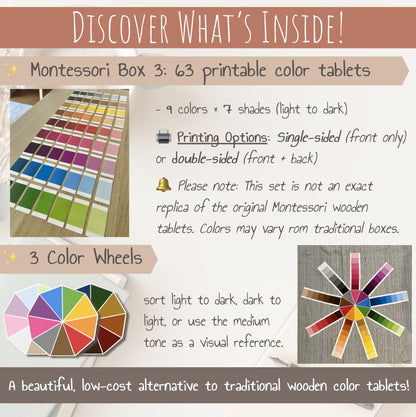 Montessori Color Tablets Box 3 | 63 Cards + 3 Wheels | Printable Visual Discrimination Activity | Color activity | PDF Sensorial Material