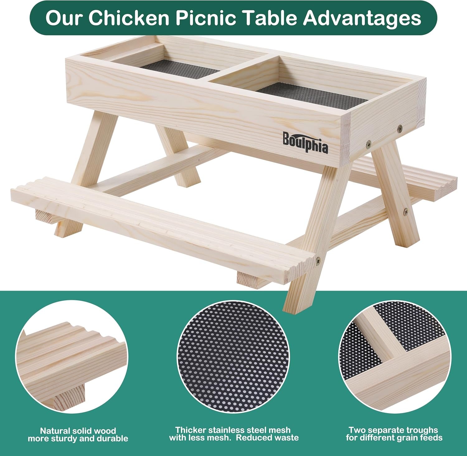 Chicken Feeders and Waterers, Chicken Feeder No Waste Kit with Picnic Table and 2 Water Feeder, Handmade Wooden Chicken Supplies & Accessories for Chicken Coop