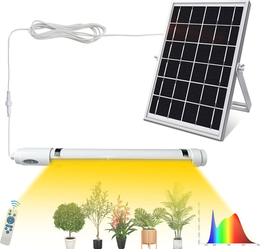 Bright Solar Powered Grow Light with Batteries Full Spectrum Growing LED Lamp for Outdoor Indoor Greenhouse All Stage Plants Waterproof Hanging Sunlike Growth Lights, Auto on Off, (Upgraded)