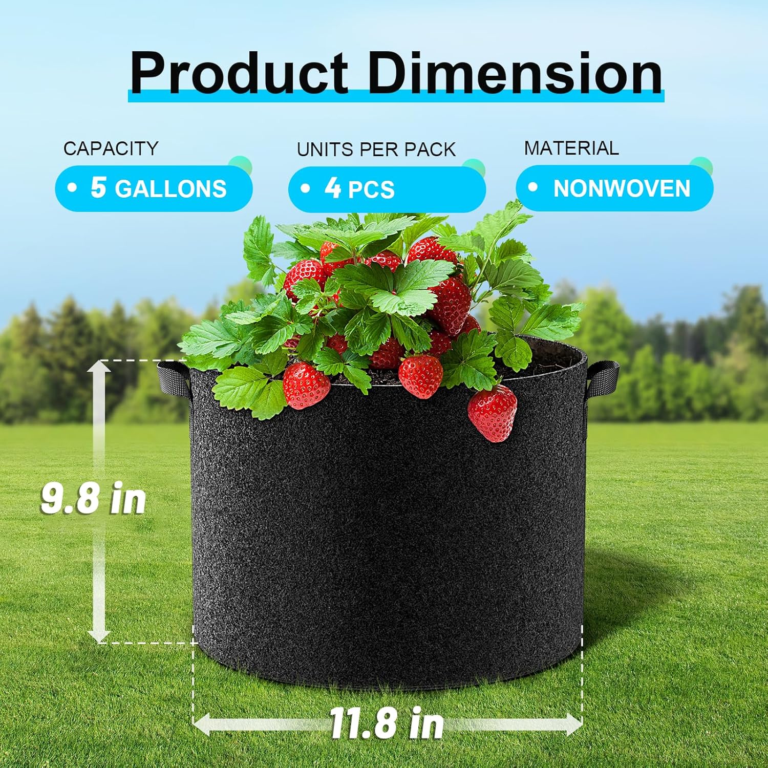 4-Pack Fabric Grow Bags 5 Gallon, 300G Thickened Nonwoven Plant Grow Bags, Grow Pots for Plants, Growing Bags with Handles, Planting Bags for Vegetables, Black