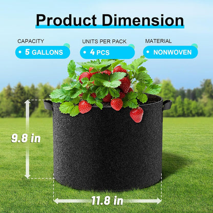 4-Pack Fabric Grow Bags 5 Gallon, 300G Thickened Nonwoven Plant Grow Bags, Grow Pots for Plants, Growing Bags with Handles, Planting Bags for Vegetables, Black