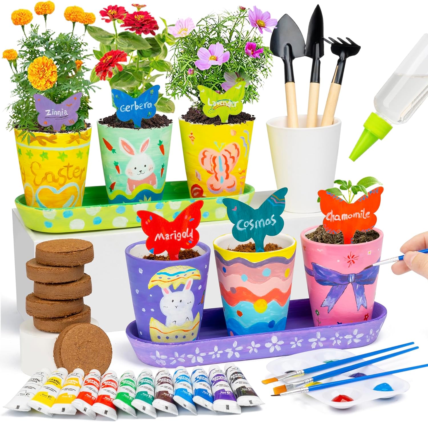 Kids Gardening Set Paint and Plant Stoneware Flower Growing Kit with 6 Pots and Gardening Tools Arts and Crafts for Kids Ages 8-12 Best Easter Gifts for Girls Boys Ages 5 6 7 8 9 10