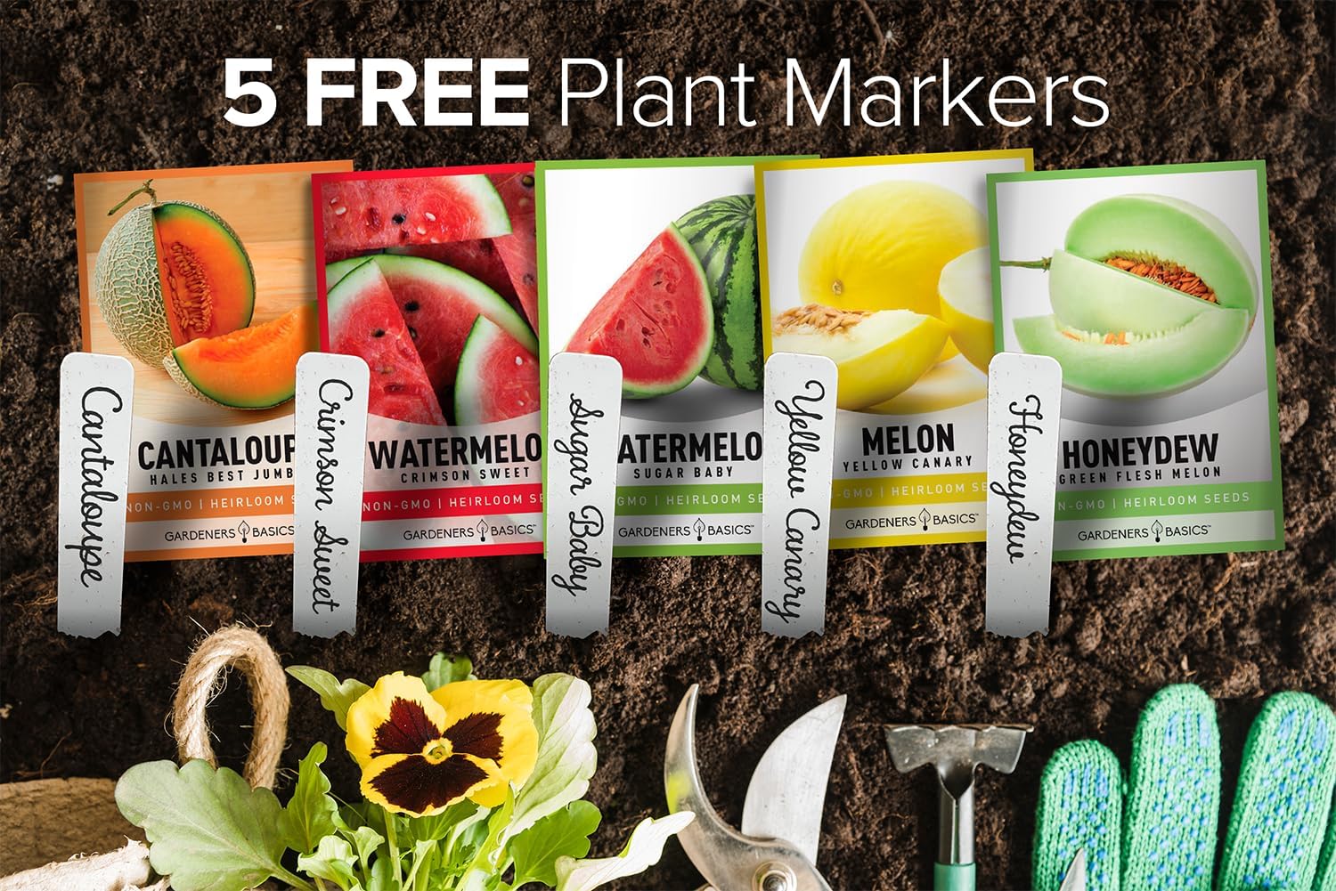 , Melon Fruit Seeds for Planting Home Garden 5 Variety Packs - Hales Best Cantaloupe, Crimson Sweet Watermelon, Yellow Canary Melon, Green Flesh Honeydew Melon, Sugar Baby Watermelon