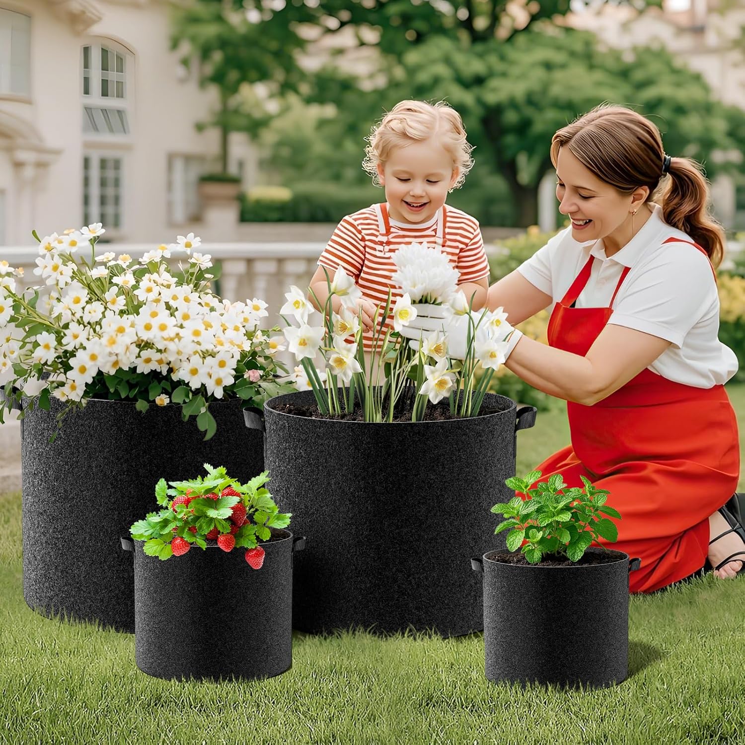 4-Pack Fabric Grow Bags 5 Gallon, 300G Thickened Nonwoven Plant Grow Bags, Grow Pots for Plants, Growing Bags with Handles, Planting Bags for Vegetables, Black