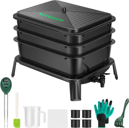 3-Layer Worm Compost Bin, 30L Worm Composter, Easy Setup Inclusive Worm Farm Kit for Recycling Food Waste