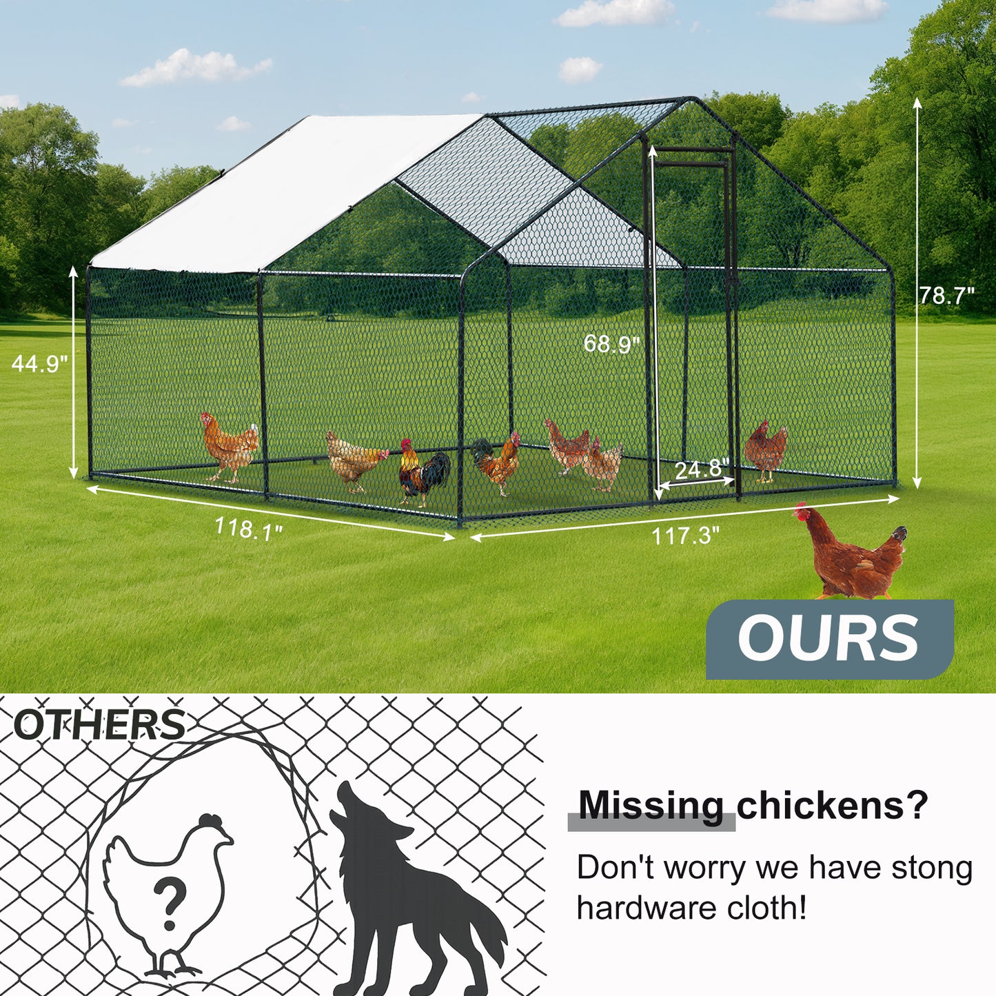 Metal Chicken Coop 6.5/10/13/20 FT Large Walk-in Hen Cage House with Cover Roof