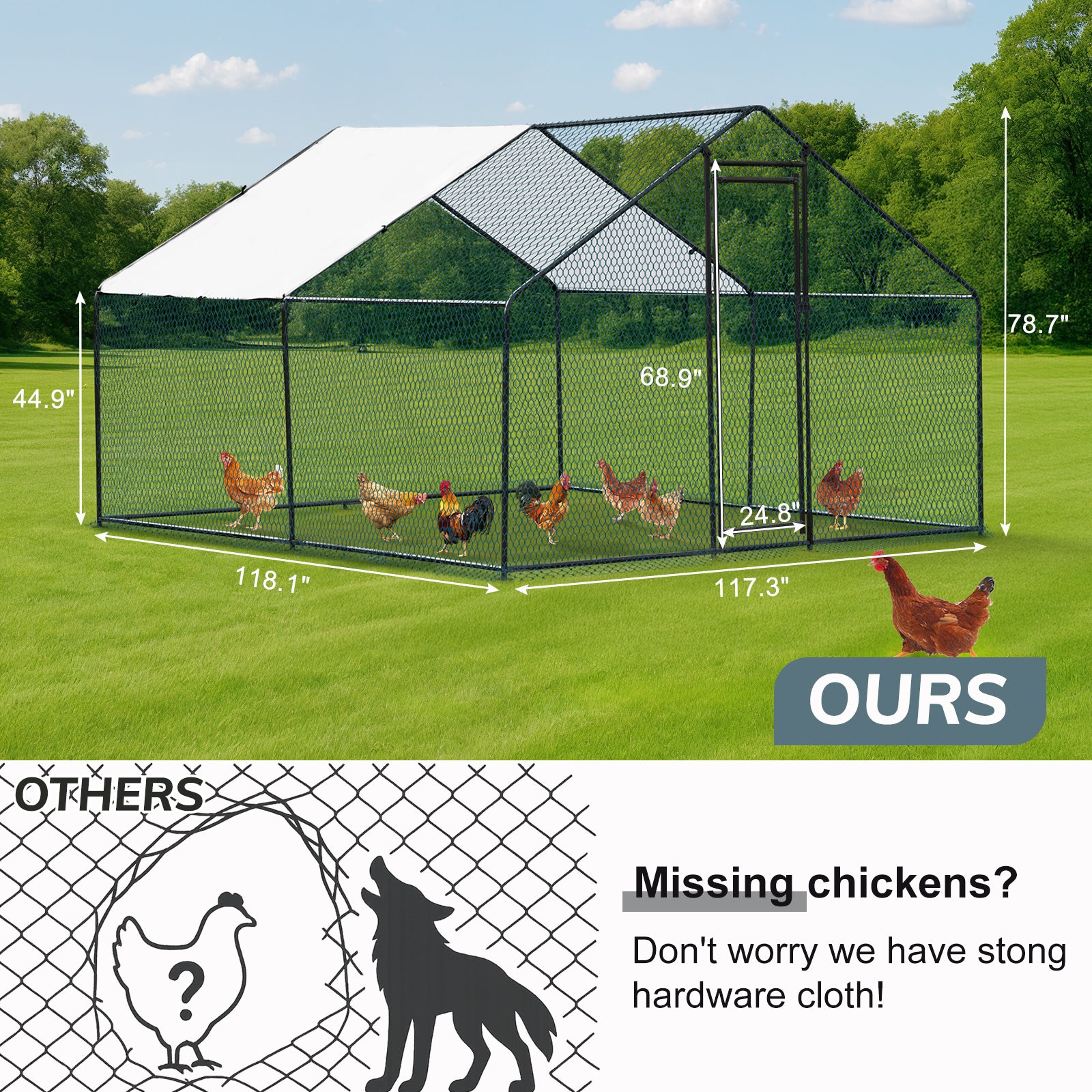 Metal Chicken Coop 6.5/10/13/20 FT Large Walk-in Hen Cage House with Cover Roof