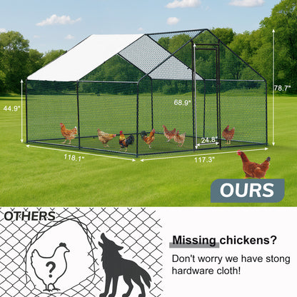 Metal Chicken Coop 6.5/10/13/20 FT Large Walk-in Hen Cage House with Cover Roof
