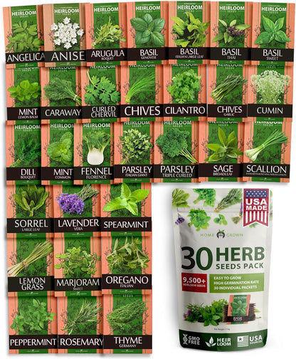 30 Herb Seeds Pack | 9,500 𝗡𝗢𝗡-𝗚𝗠𝗢 𝗨𝗦𝗔 Heirloom Seeds | Indoor & Outdoor Planting | Culinary Herb Variety Pack | HG30H Perfect for Hydroponic Gardens | Parsley, Rosemary,Thyme,More