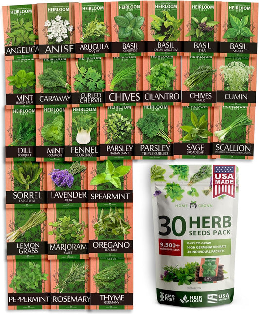30 Herb Seeds Pack | 9,500 𝗡𝗢𝗡-𝗚𝗠𝗢 𝗨𝗦𝗔 Heirloom Seeds | Indoor & Outdoor Planting | Culinary Herb Variety Pack | HG30H Perfect for Hydroponic Gardens | Parsley, Rosemary,Thyme,More